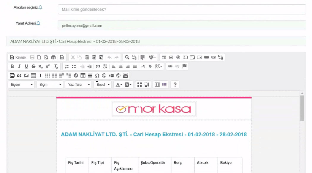 Mor Kasa muhasebe programında cari hesap ekstresini Mail ile paylaşma